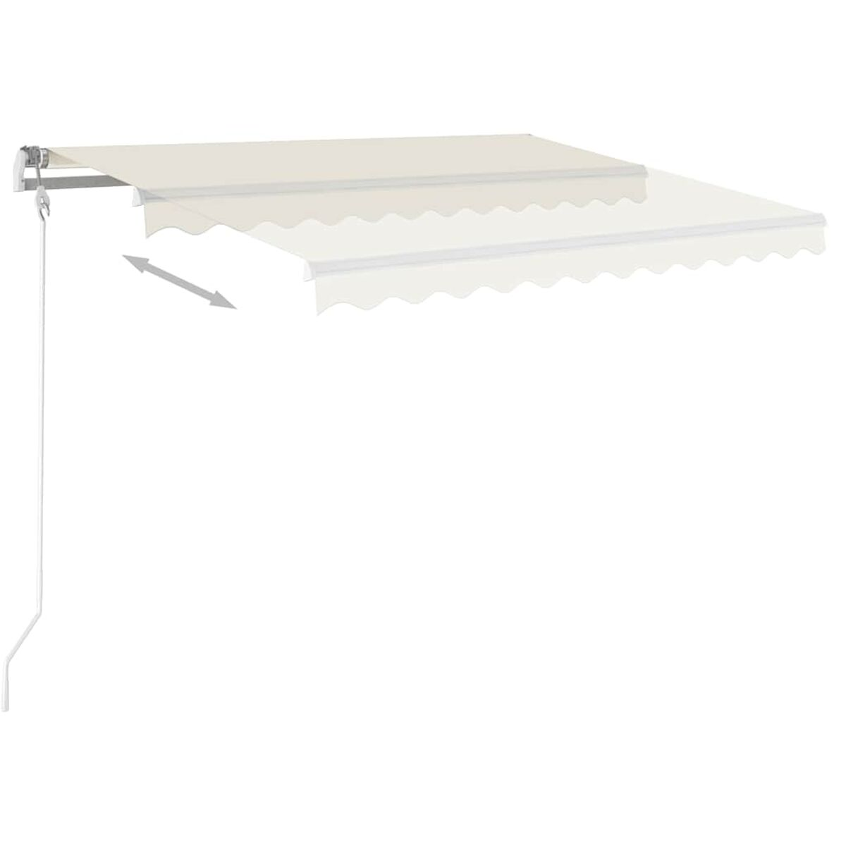 Beige ausziehbare Markise. Pfeil zeigt Ausrichtung. Weißer Hintergrund.
