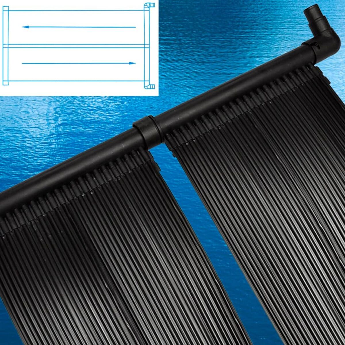 Schwarze Solarheizung für Schwimmbecken mit Rohren und Diagramm. Gezeigt vor blauem Wasser.