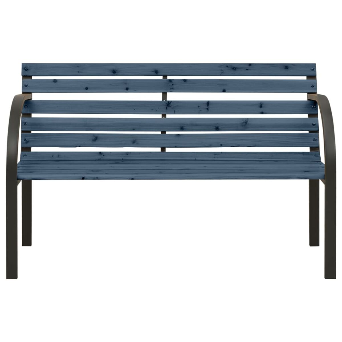Eine Holzbank mit blauem Sitz und dunklen Metallarmlehnen und -beinen, auf weißem Hintergrund.