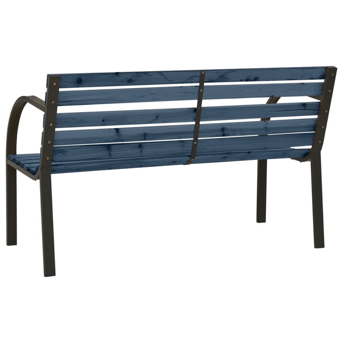 Blaue Holzbank mit dunklem Metallrahmen, Rückansicht.