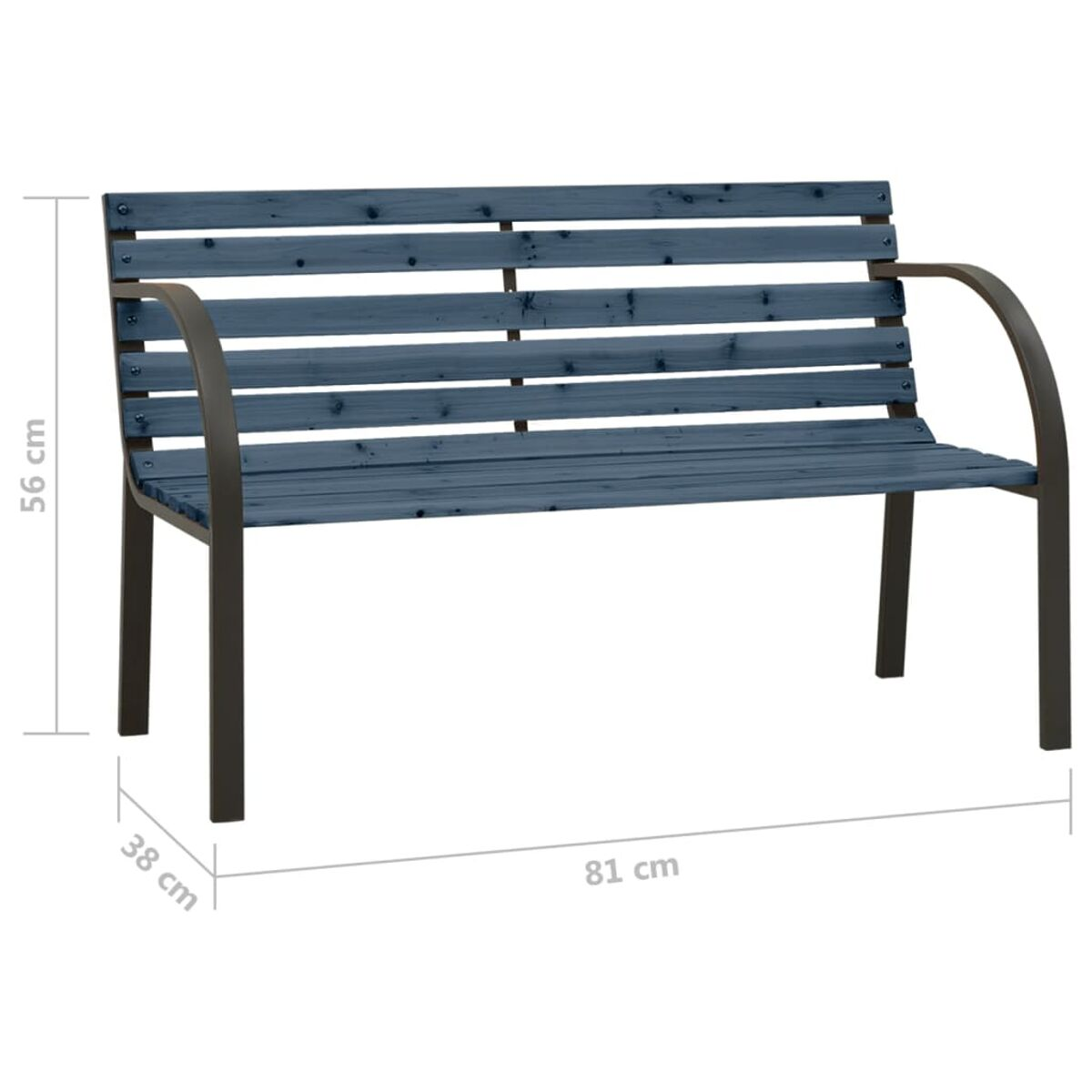 Eine blaue Holzbank mit Metallarmen und -beinen. Abmessungen sind angegeben.