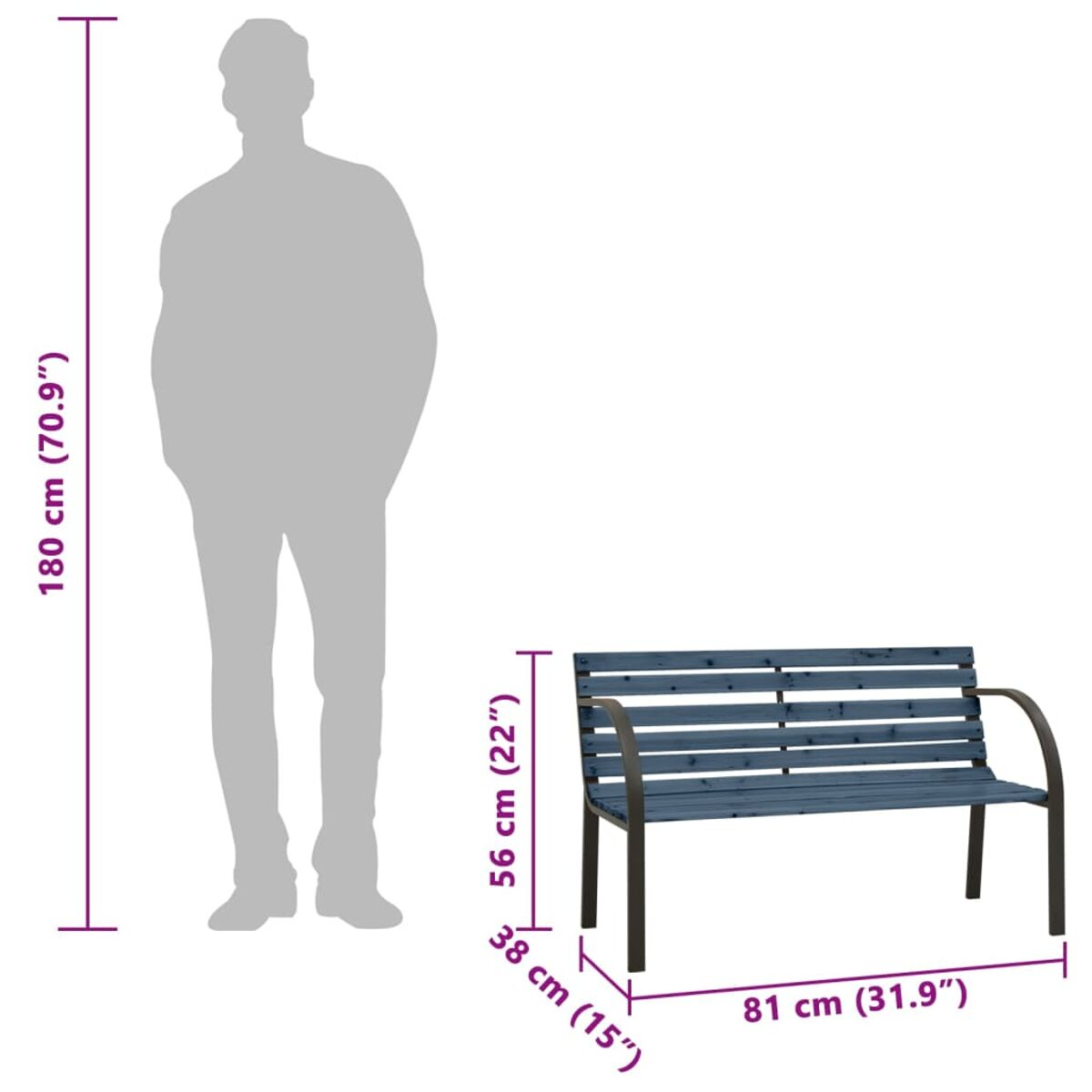 Eine blaue Holzbank mit Maßen neben einer Personensilhouette.