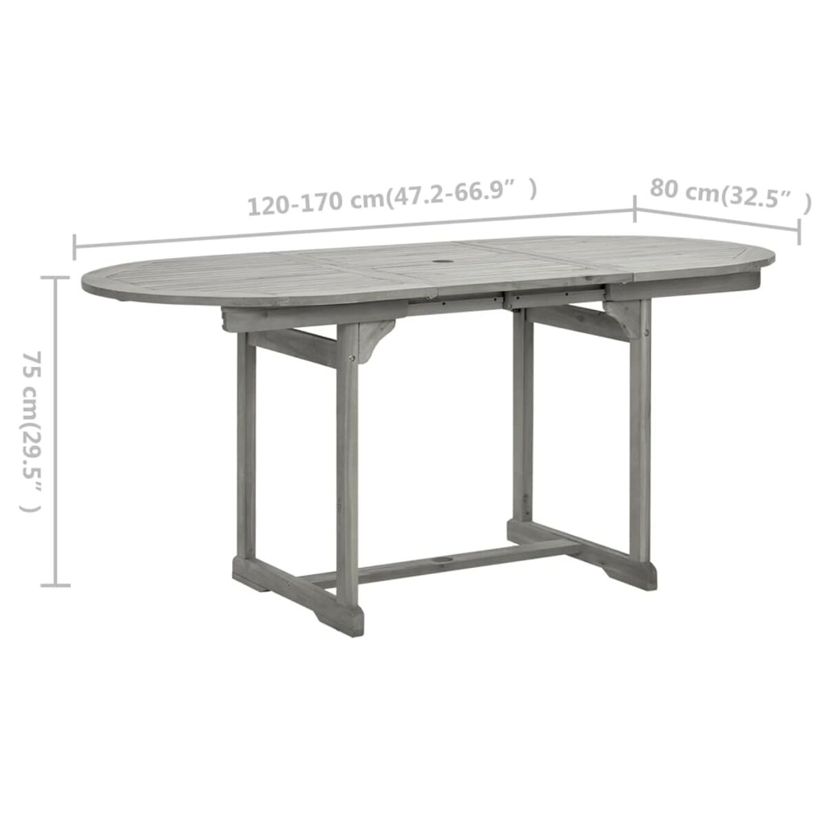 Grauer Holztisch, ovale Form, ausziehbar. Maße sind angegeben. Grauer Rahmen und Beine.