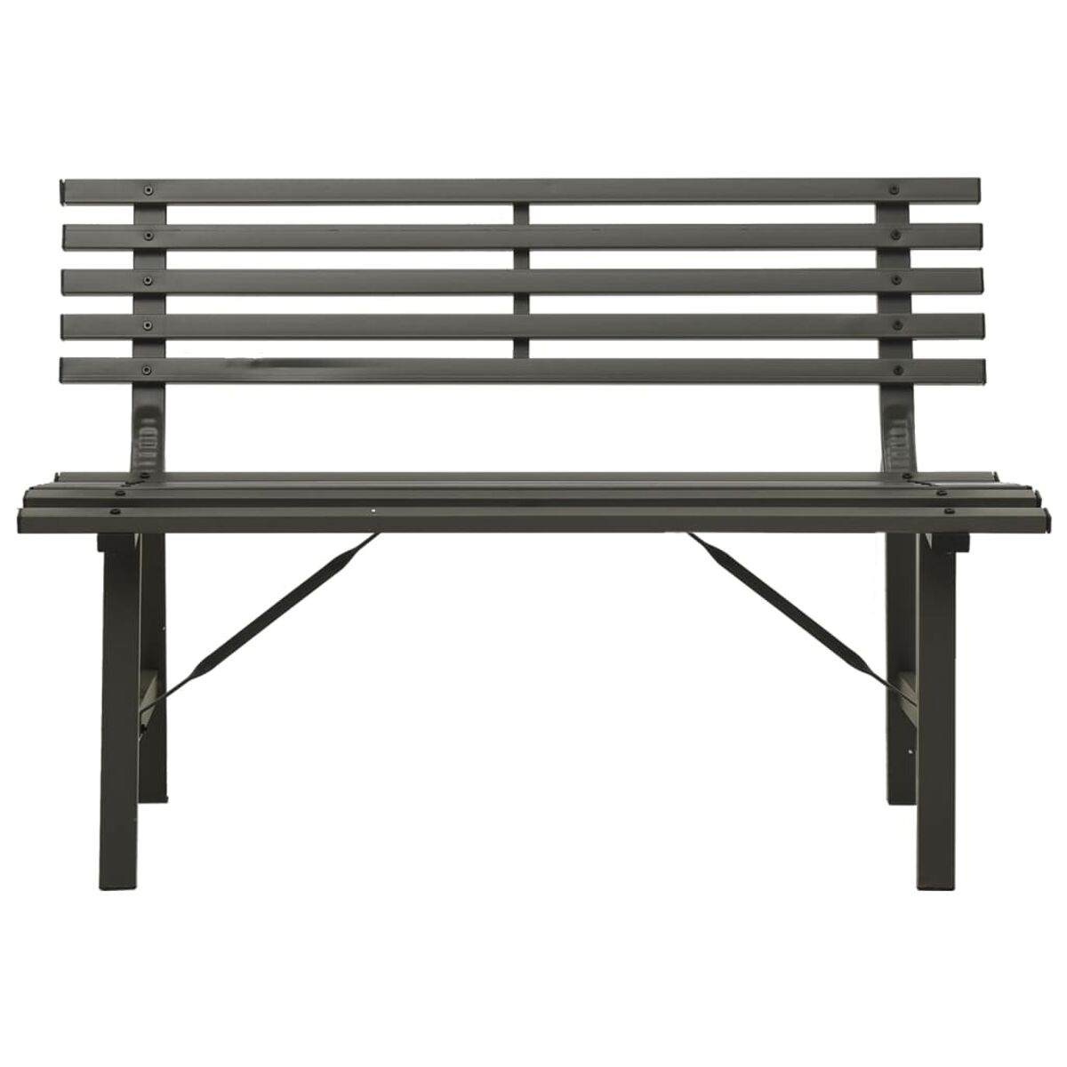 Eine dunkelgraue Parkbank mit horizontalen Lamellen für Rückenlehne und Sitzfläche. Metallbeine und -stützen.