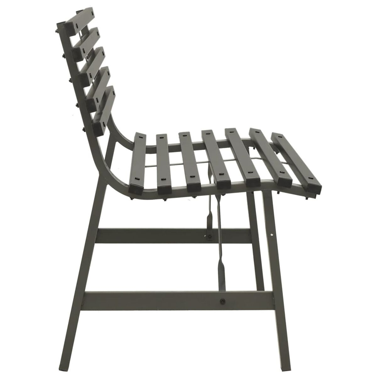 Ein grauer Metallstuhl mit Holzlatten für Sitz und Rückenlehne, von der Seite betrachtet.