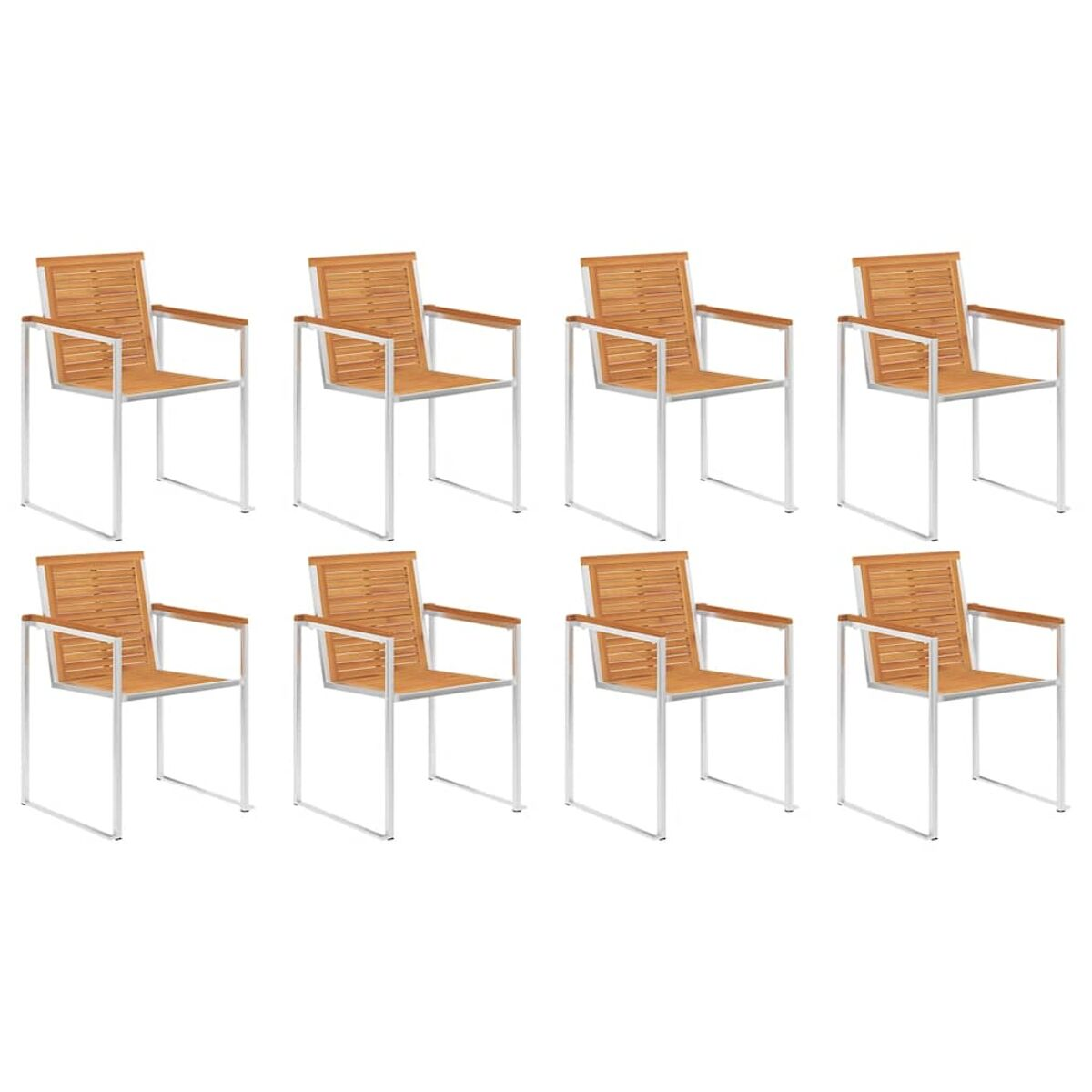 Acht Stühle für den Außenbereich. Die Stühle haben einen Sitz und eine Rückenlehne aus Holz. Die Rahmen sind aus Metall.