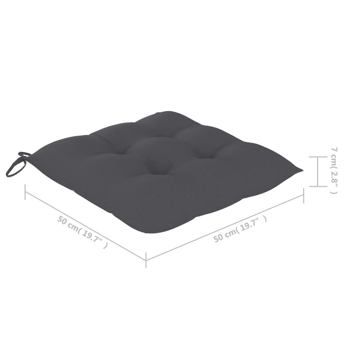 Graues quadratisches Kissen mit beschrifteten Maßen, auf weißem Hintergrund.