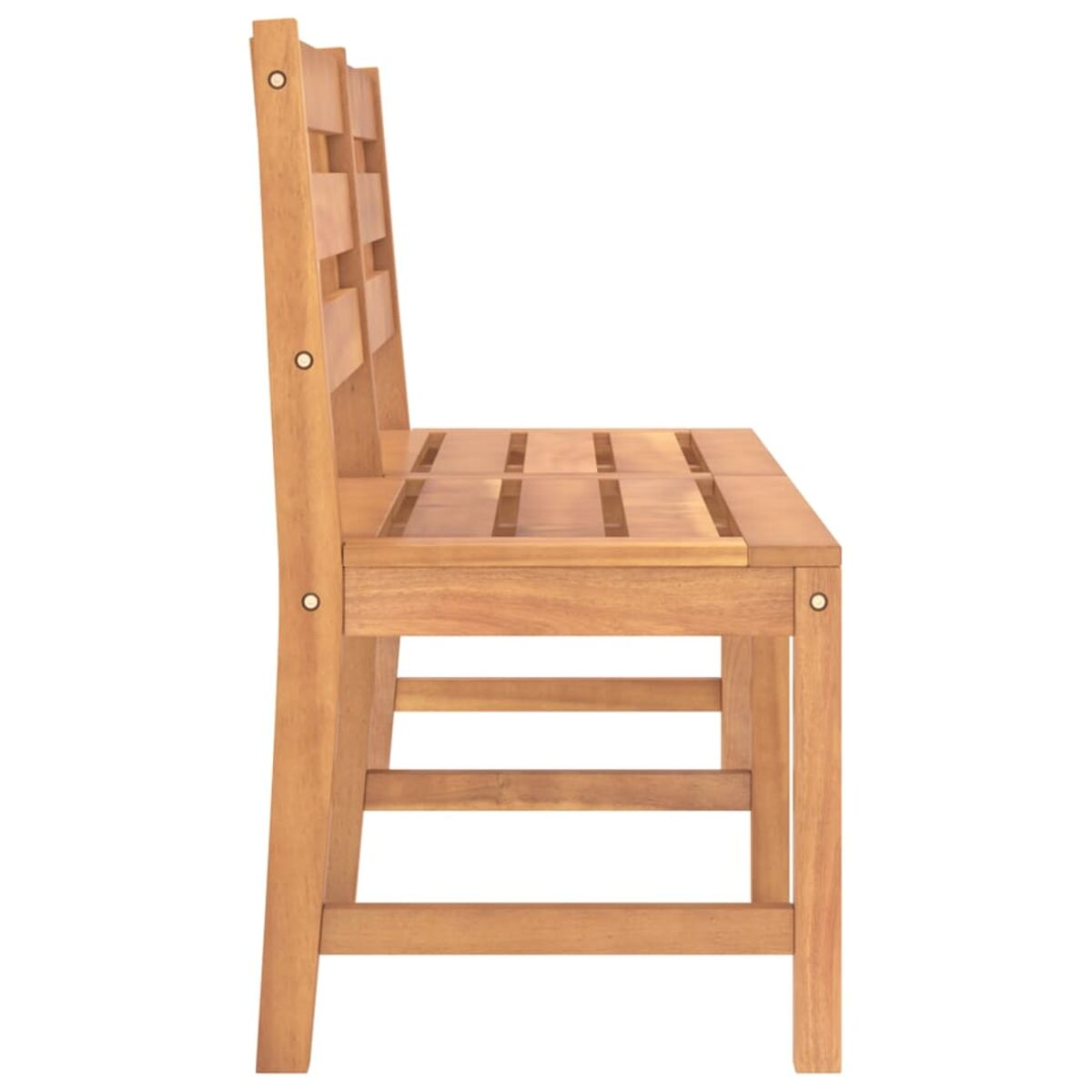 Holzbank von der Seite gesehen. Es hat eine Sitzfläche und Rückenlehne mit hellem Finish.