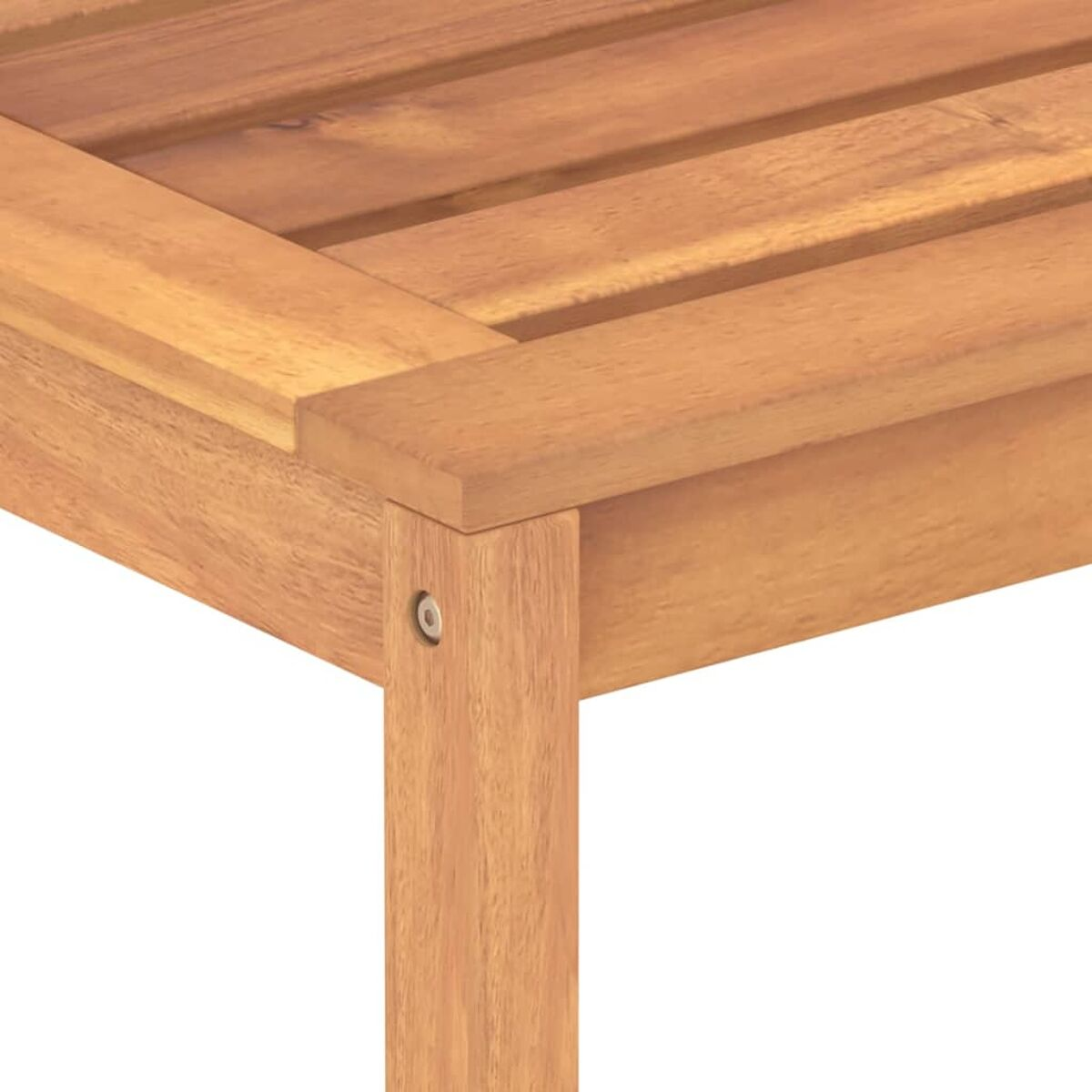 Nahaufnahme einer Holztischecke mit Maserung und einem Bein.