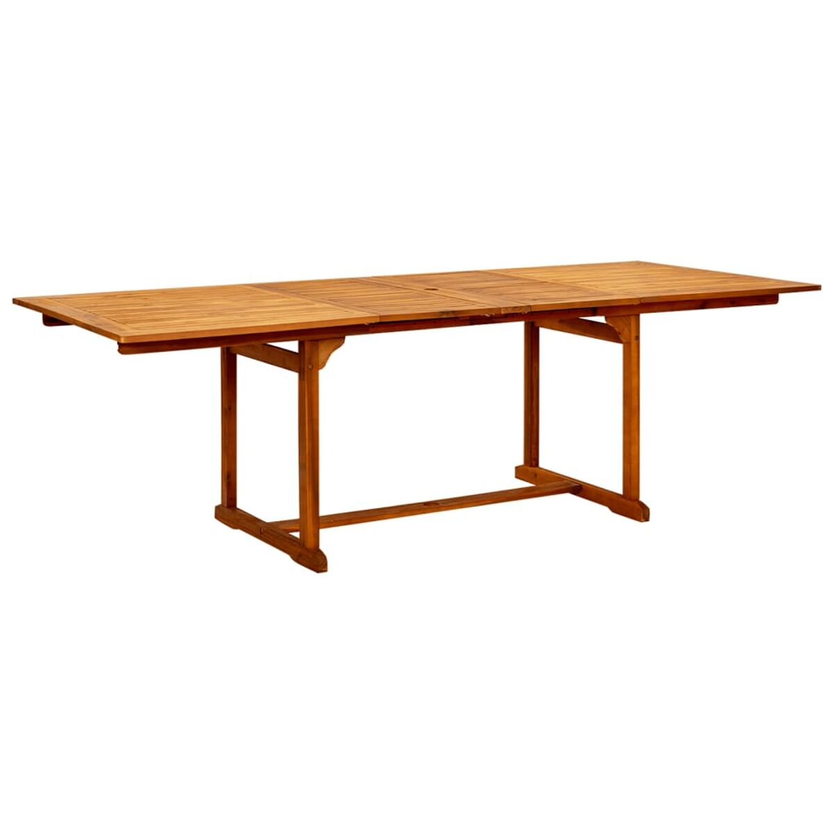 Rechteckiger Holztisch mit ausgezogener Platte, getragen von angewinkelten Beinen. Die Oberfläche hat Lamellen.