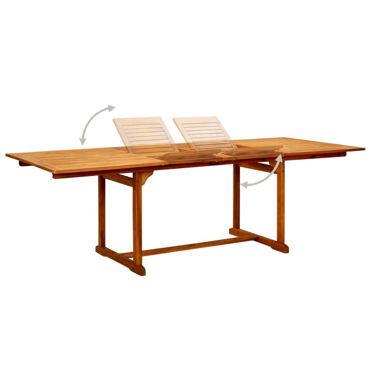 Ausziehbarer Holztisch mit zwei Holzeinsätzen. Pfeile zeigen die Ausziehrichtung. Helle Holzfarbe.