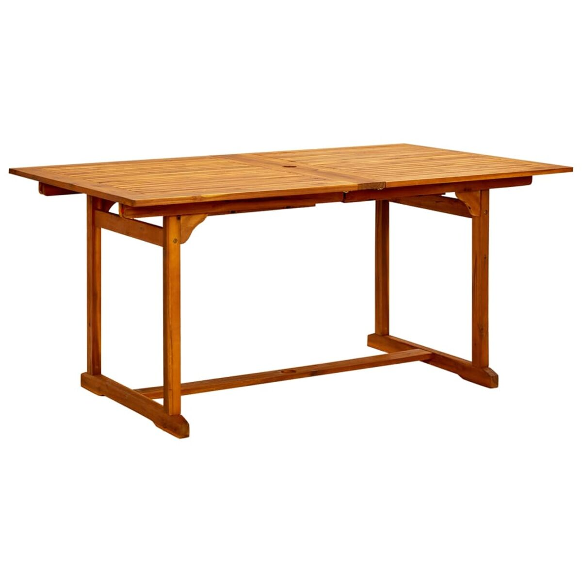 Rechteckiger Holztisch, hellbraun, mit ausgeklappten Blättern und Beinkonstruktion.