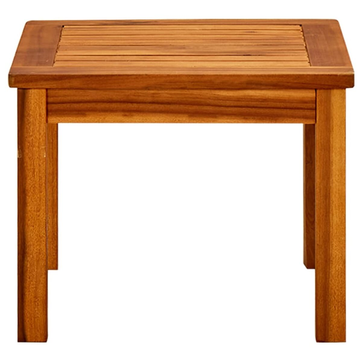 Quadratischer Holztisch, Naturholzfarbe, schlichtes Design und vier Beine.