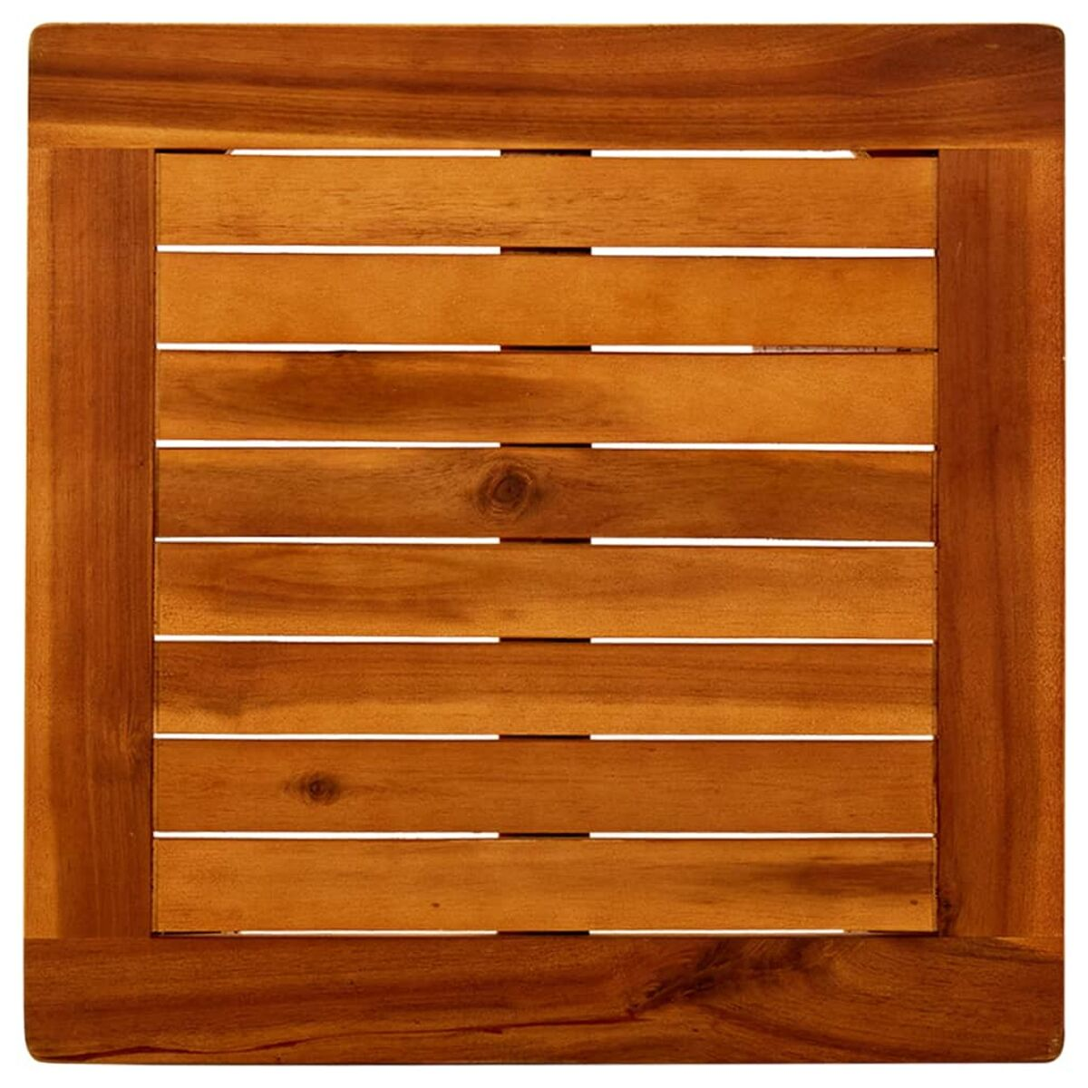 Draufsicht auf einen quadratischen Holztisch mit horizontalen Lamellen.