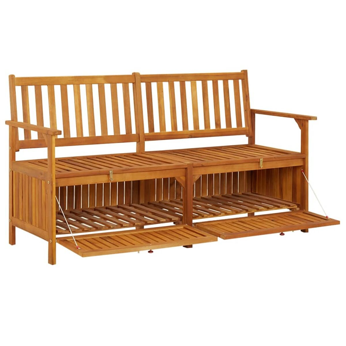Gartenbank aus Holz mit Stauraum. Zwei Bänke verbunden. Braun. Weißer HG.