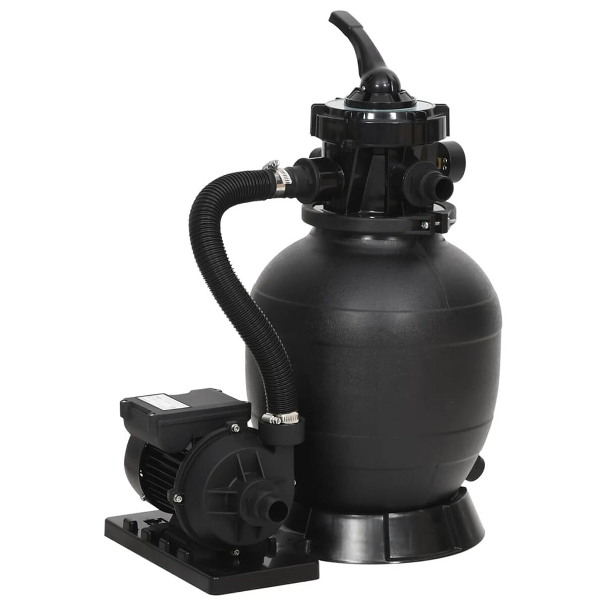 Ein schwarzes Poolfiltersystem mit Pumpe. Es ist auf weißem Hintergrund.