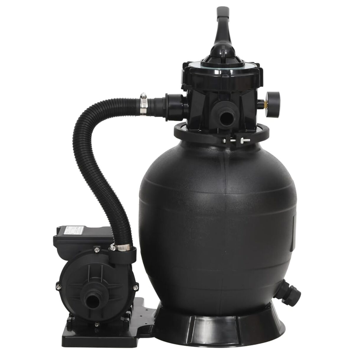 Ein schwarzes Wasserfiltersystem mit Pumpe, schwarzem Schlauch und mehreren Ventilen.