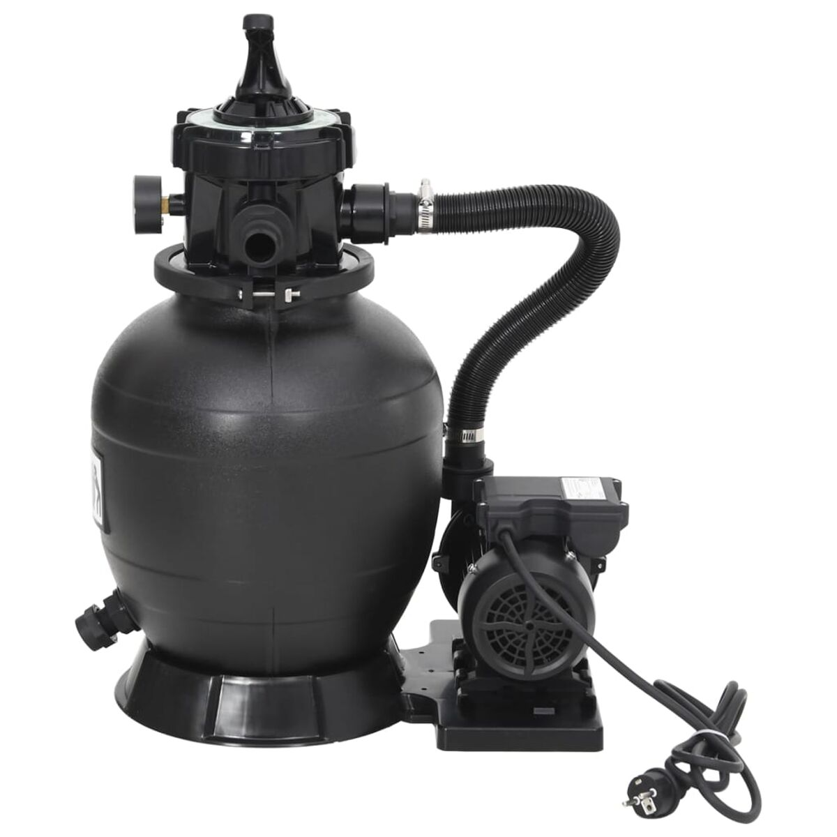 Eine schwarze Schwimmbadpumpe mit Filter, Schläuchen und Netzkabel.
