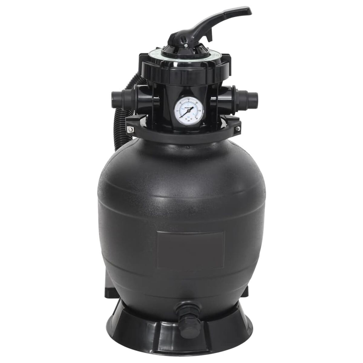 Schwarzer Poolfilter. Er hat ein Messgerät, mehrere Rohre und einen Griff oben.
