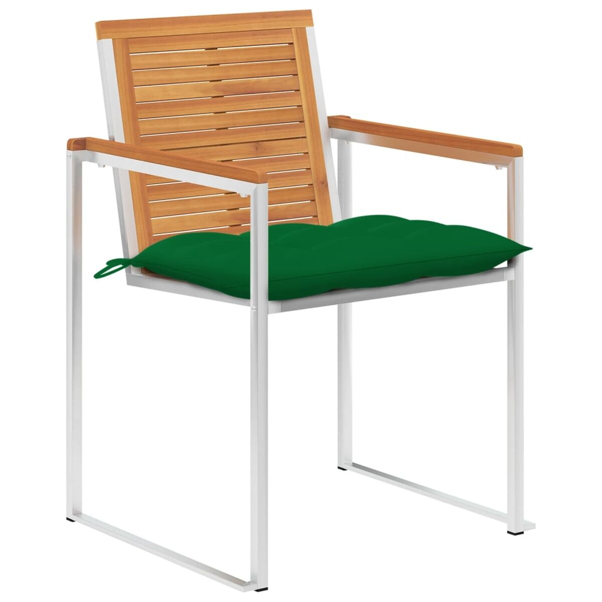 Outdo-Stuhl mit Rückenlehne und Armlehnen aus Holz, weißem Rahmen, grünem Kissen.