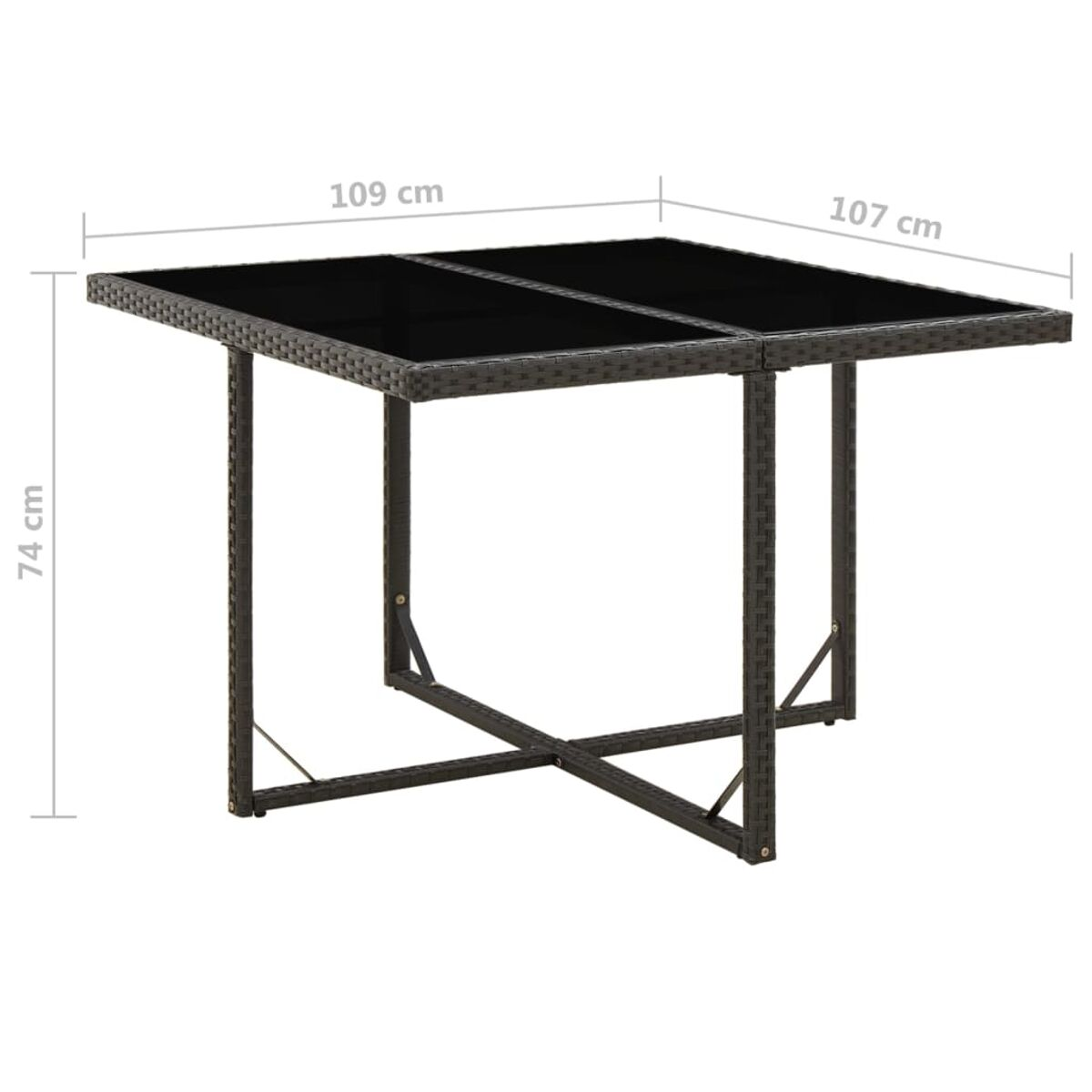 Ein quadratischer, schwarzer Korbtisch mit Glasplatte und Abmessungen.