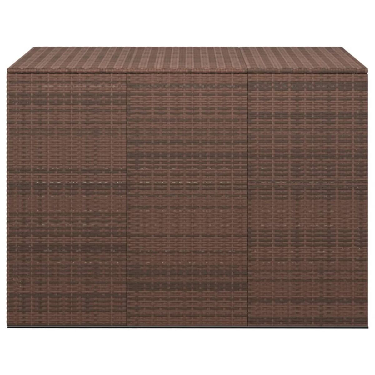 Ein brauner Aufbewahrungsschrank aus Korbgeflecht mit drei Türen.