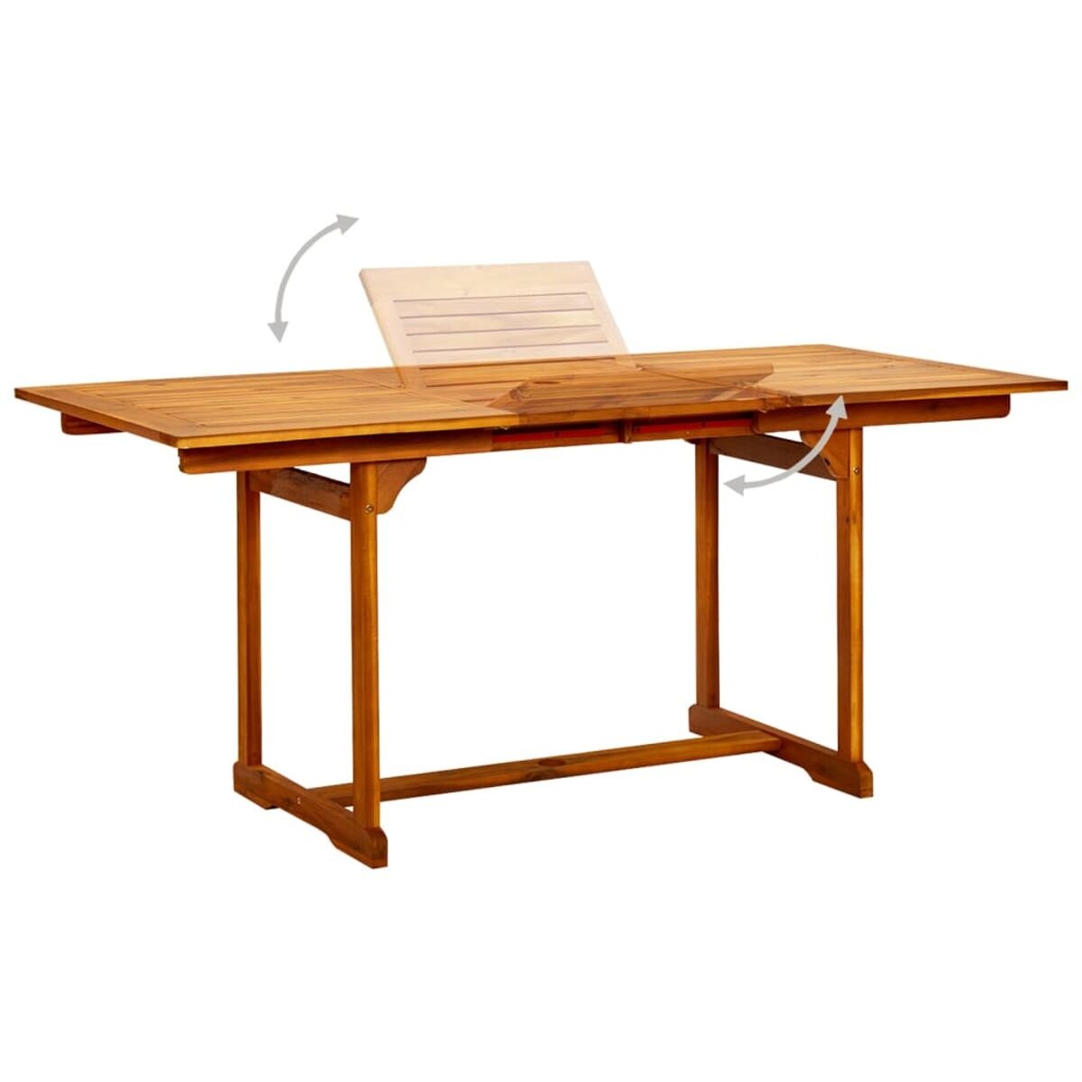 Holz-Tisch für den Außenbereich mit ausklappbarem Blatt. Pfeile zeigen den Klappmechanismus.