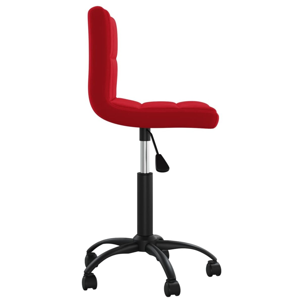Roter Bürostuhl. Er hat eine geschwungene Rückenlehne, schwarzes Gestell mit Rollen. Seitenansicht.