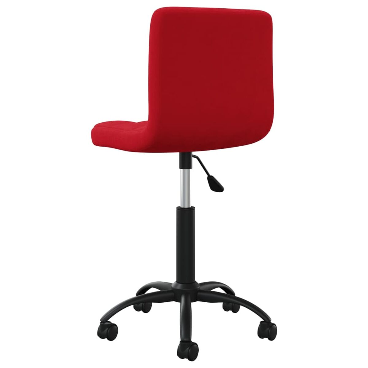 Roter Bürostuhl. Er hat ein schwarzes Gestell mit Rollen und einen Höhenverstellhebel.