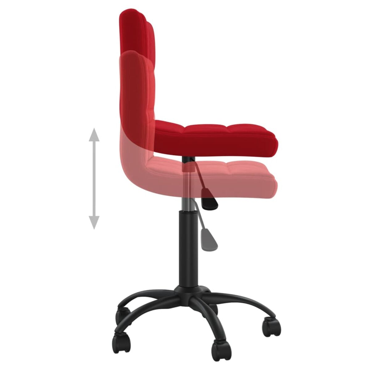 Roter Bürostuhl mit schwarzem Gestell und Rollen. Die Stuhlhöhe ist verstellbar, mit Geisterbild dargestellt.