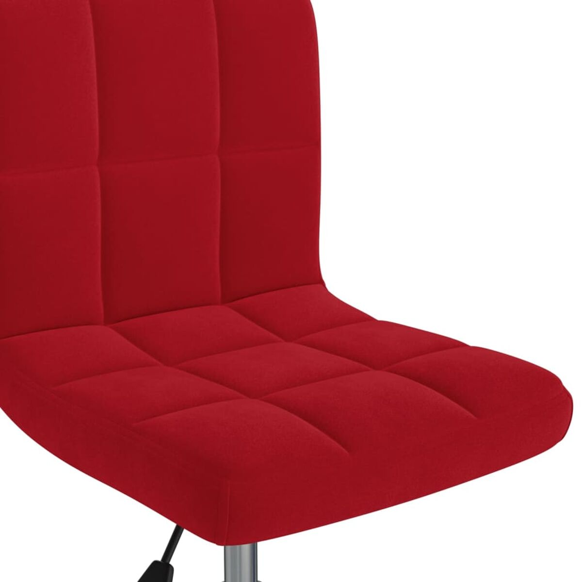 Roter Stuhlsitz mit quadratischer Steppung auf silberfarbenem Sockel und schwarzem Stiel.