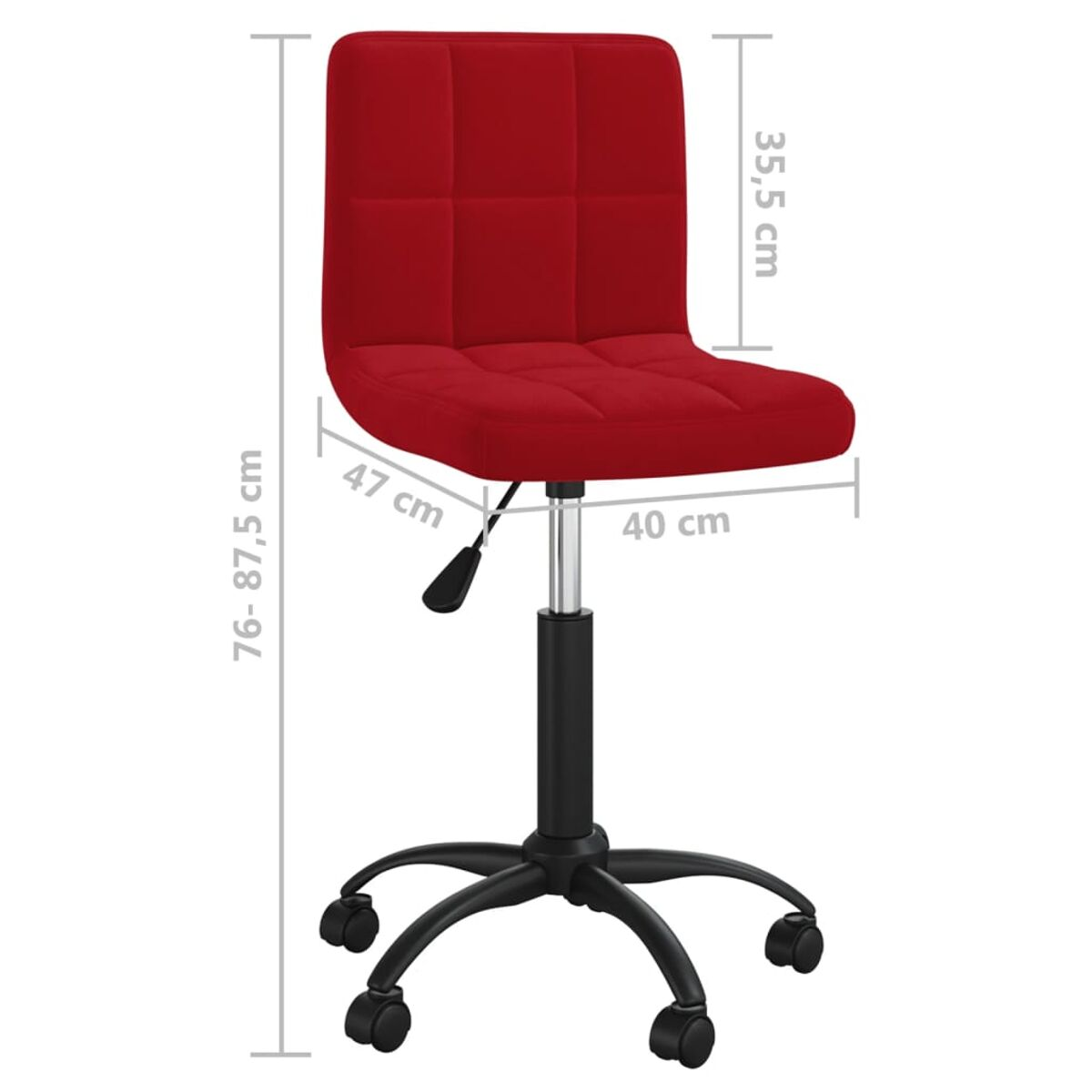 Roter Bürostuhl mit Maßangaben. Schwarzes Gestell und Räder, weißer Hintergrund.