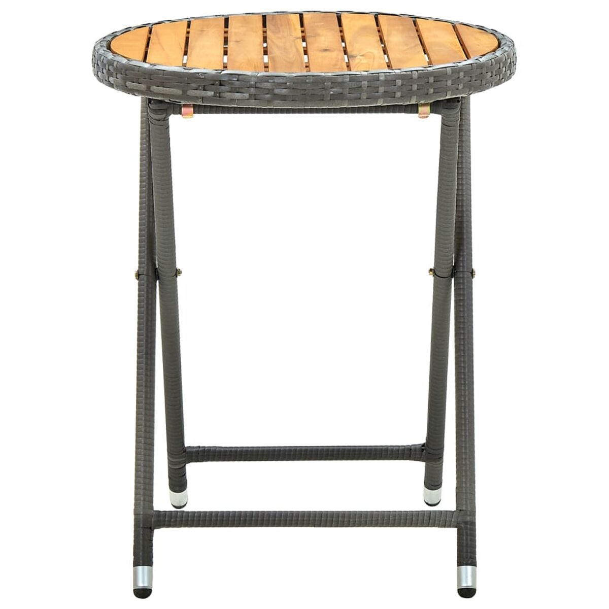 Runder Klapptisch mit Holzplatte und grauem Gestell. Weißer Hintergrund.