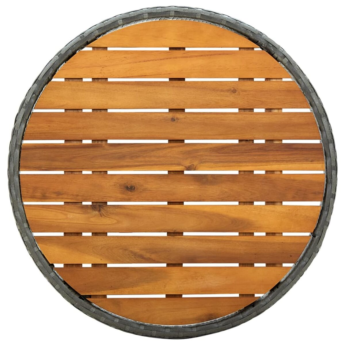 Runder Holztisch mit Holzplanken und grauem Korbrand. Von oben betrachtet.