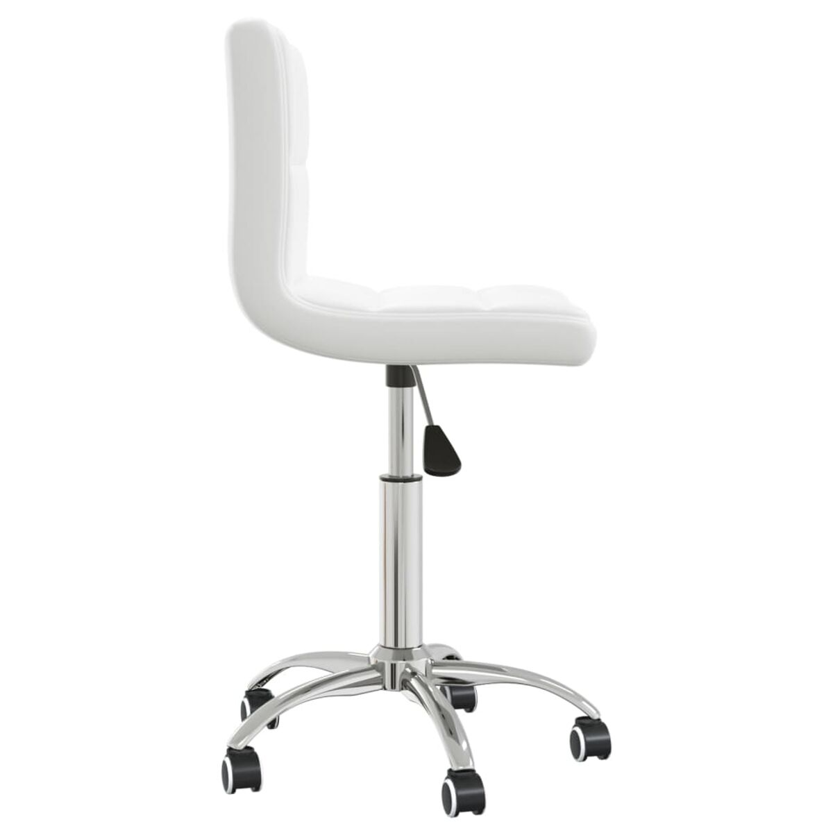 Weißer Bürostuhl, Seitenansicht. Chromfuß, weißer Sitz und Höhenverstellhebel.