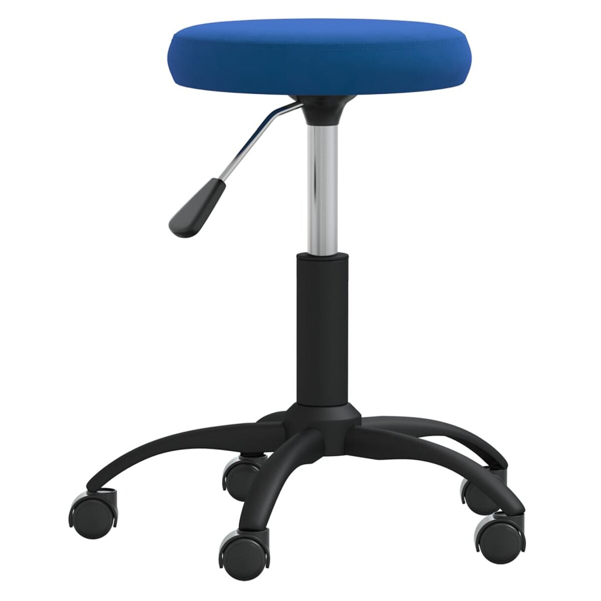 Blauer Hocker mit schwarzer Basis und Rädern, Seitenansicht. Weißer Hintergrund.