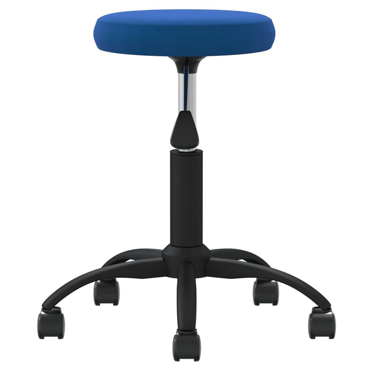 Blauer verstellbarer Hocker mit schwarzem Fuß und Chromsäule. Hat Räder.
