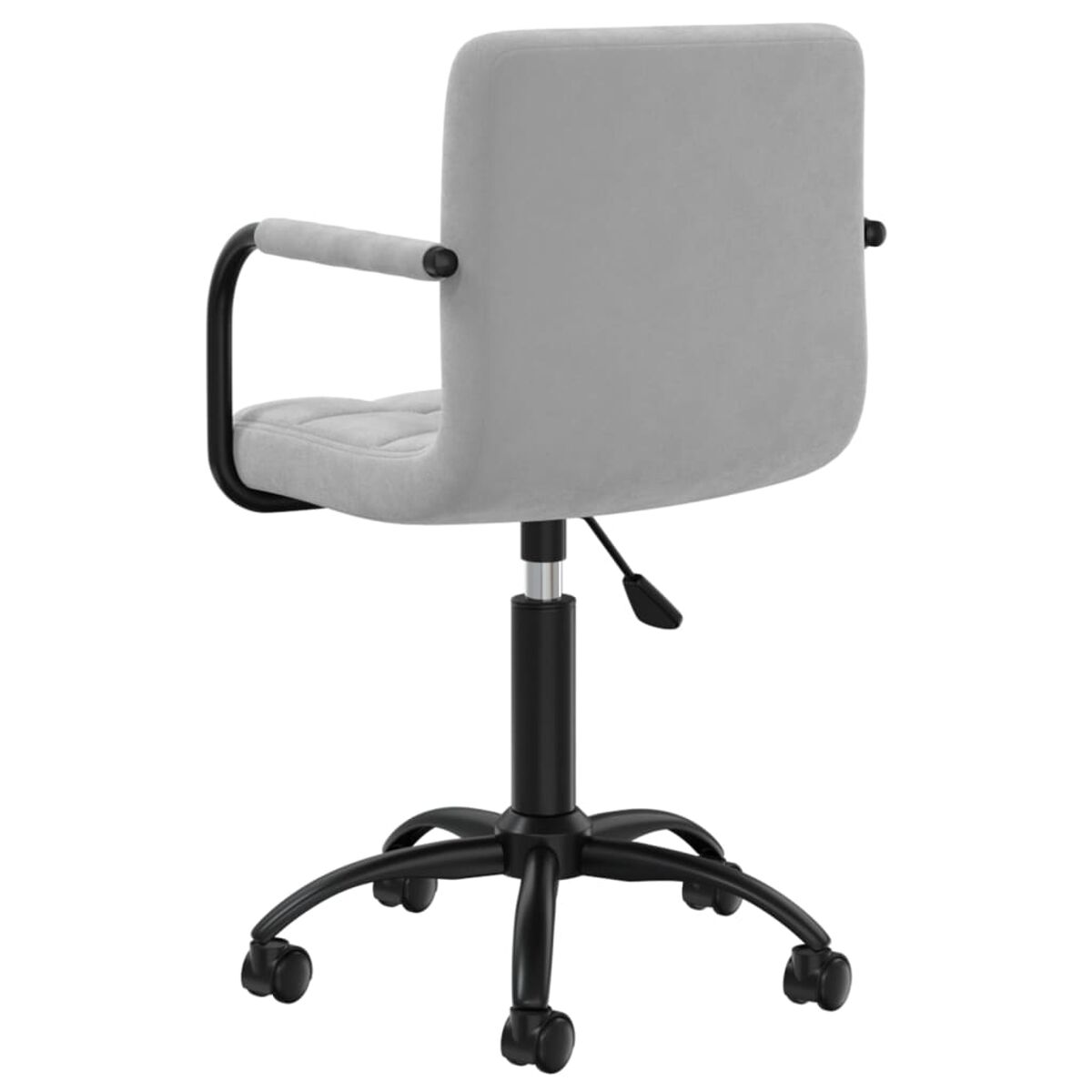 Grauer Bürostuhl von hinten. Er hat ein schwarzes Gestell, Armlehnen und Räder.