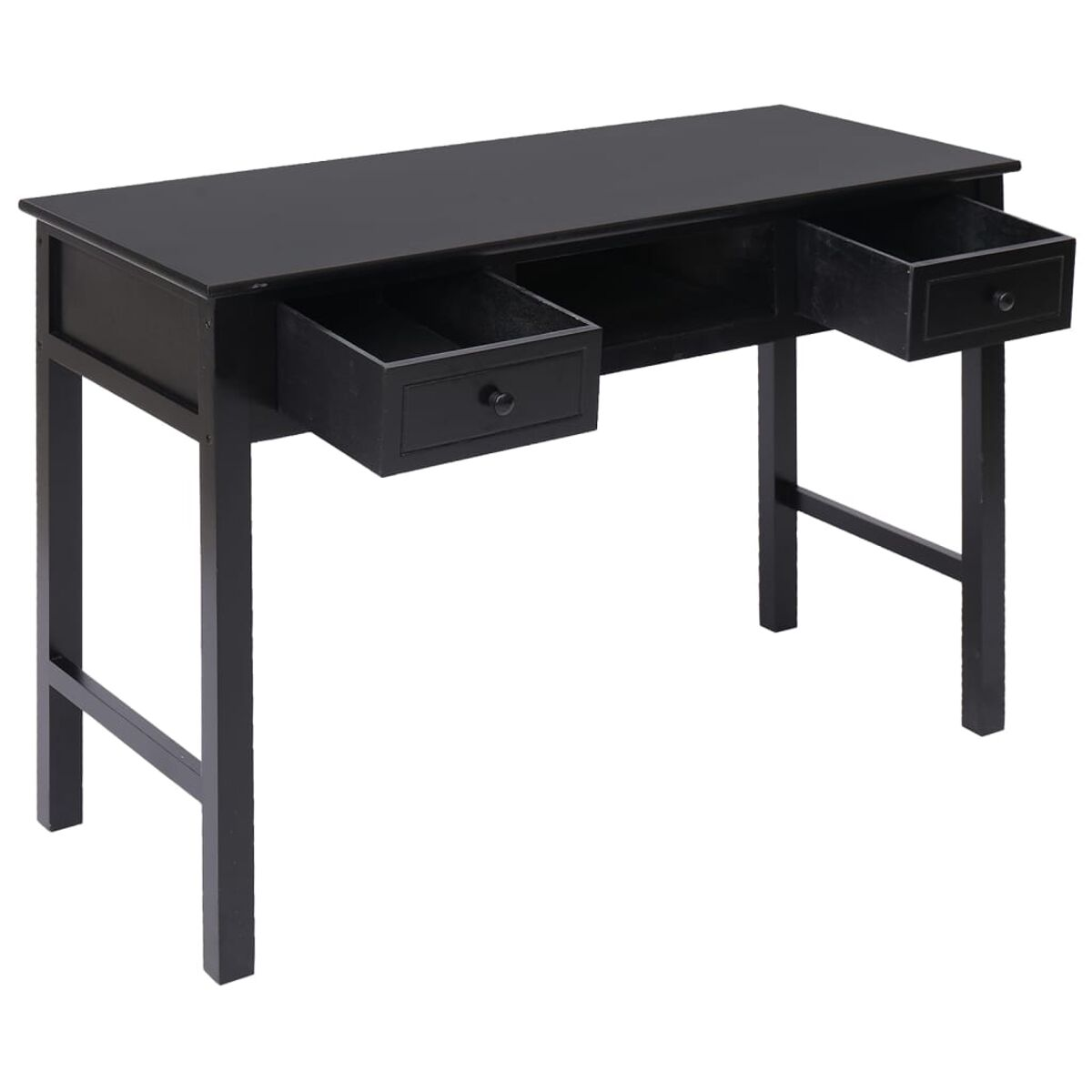 Schwarzer Schreibtisch mit zwei offenen Schubladen. Dunkles Holz mit schlichtem Design und zwei Schubladen.
