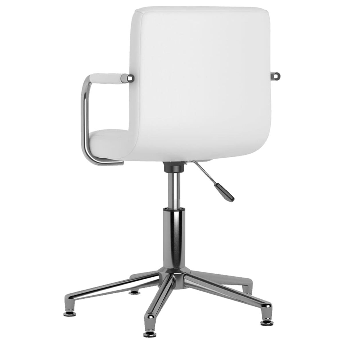 Weißer Bürostuhl mit Armlehnen, Chromgestell. Rückansicht.