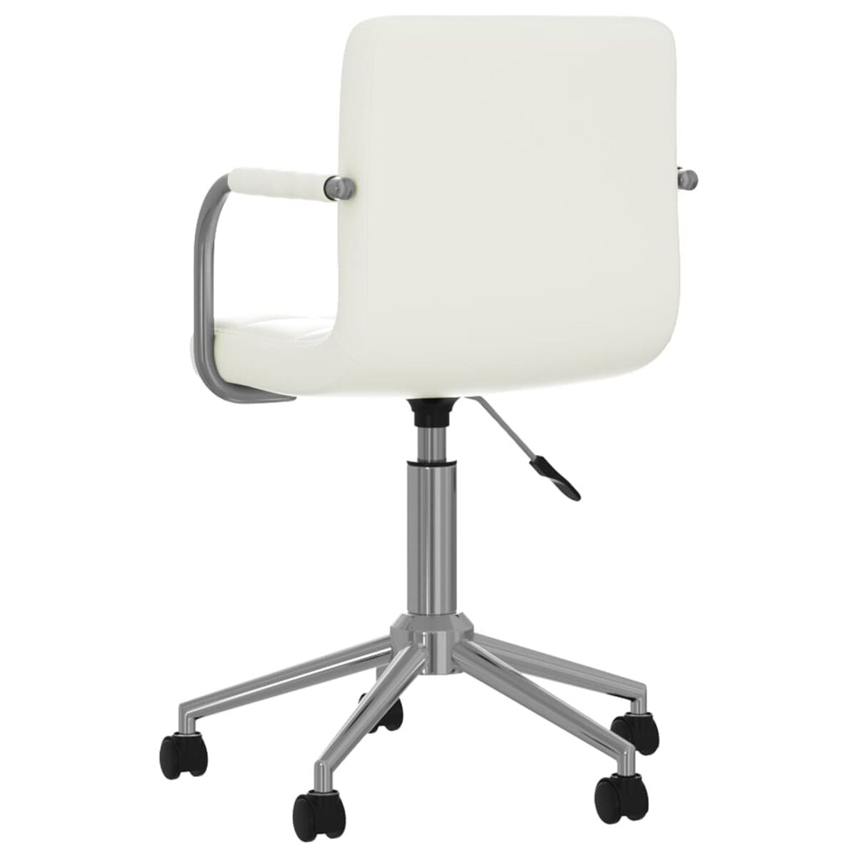 Weißer Bürostuhl mit Chrombeinen, schwarzen Rollen und Armlehnen, von hinten gesehen.