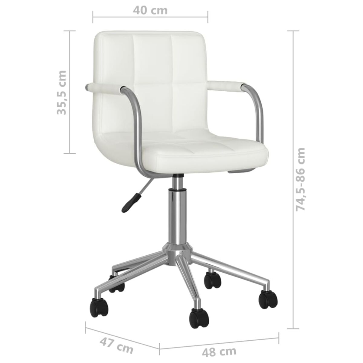 Weißer Bürostuhl mit Maßangaben: 40 cm, 35,5 cm, 47 cm, 48 cm, 74,5-86 cm.