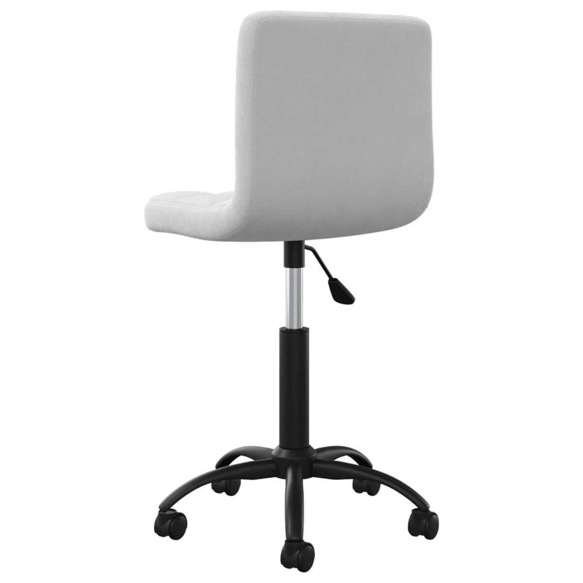 Bürostuhl mit grauem Sitz und Rückenlehne, schwarzem Gestell mit Rollen. Rückansicht.
