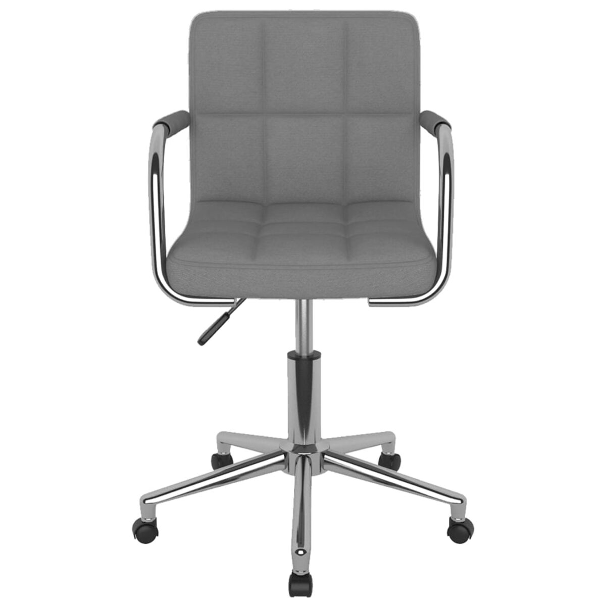Una silla de oficina gris con base y reposabrazos cromados.