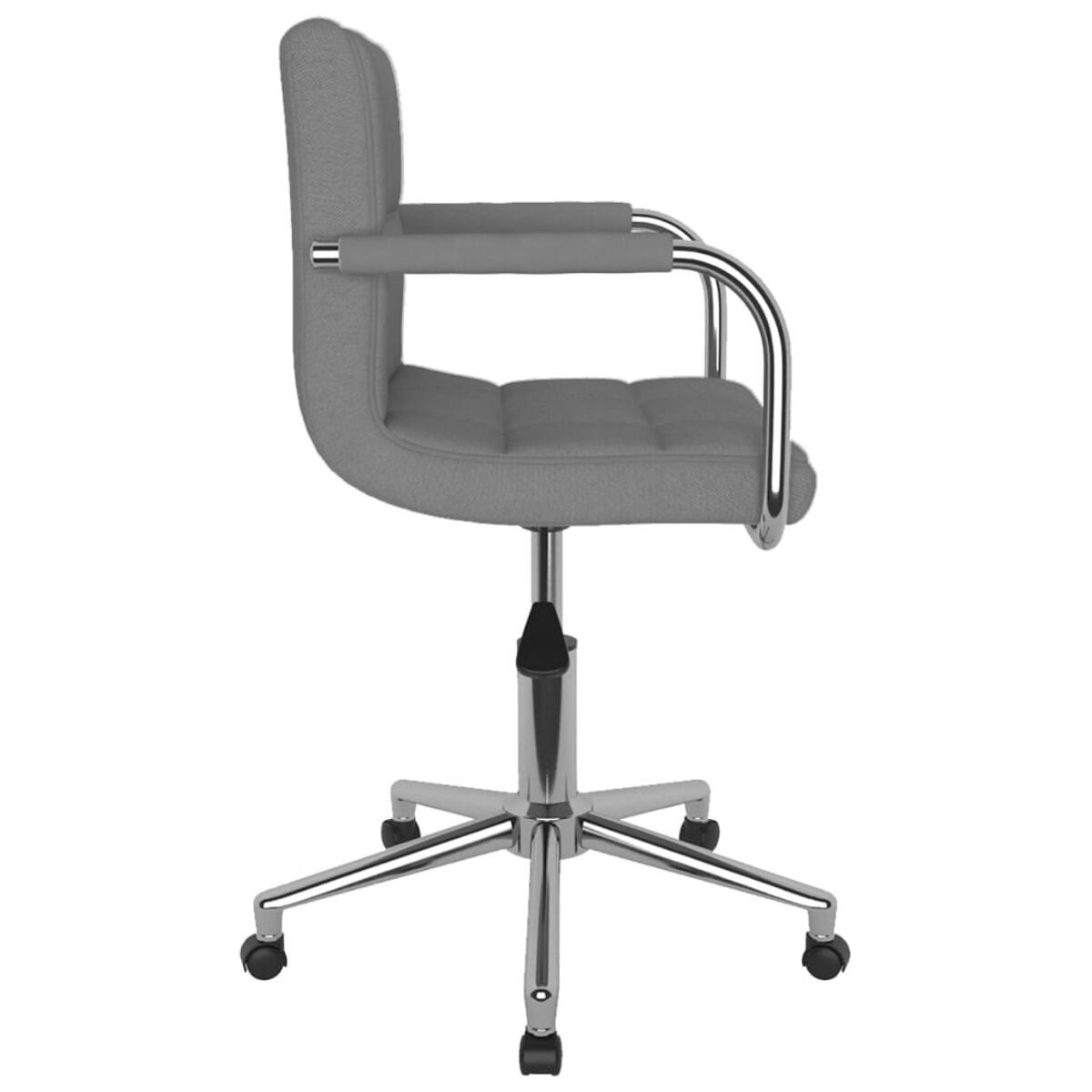 Silla de oficina gris. Reposabrazos y base cromados con ruedas. Vista lateral.