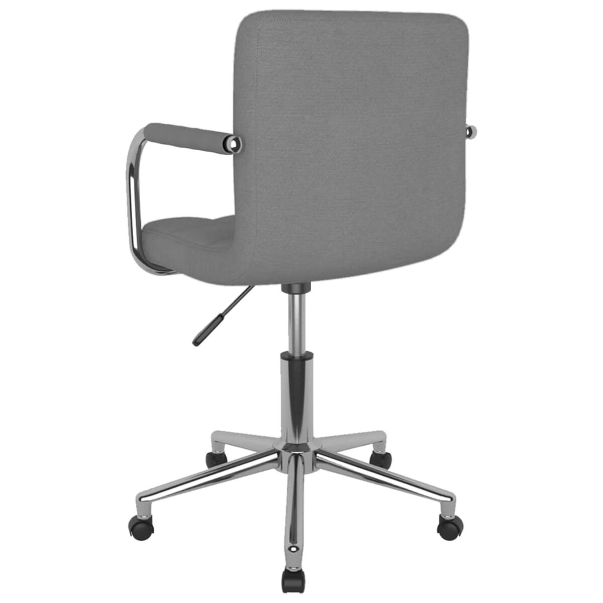 Silla de oficina gris, vista trasera, con base cromada, reposabrazos y dimensiones.