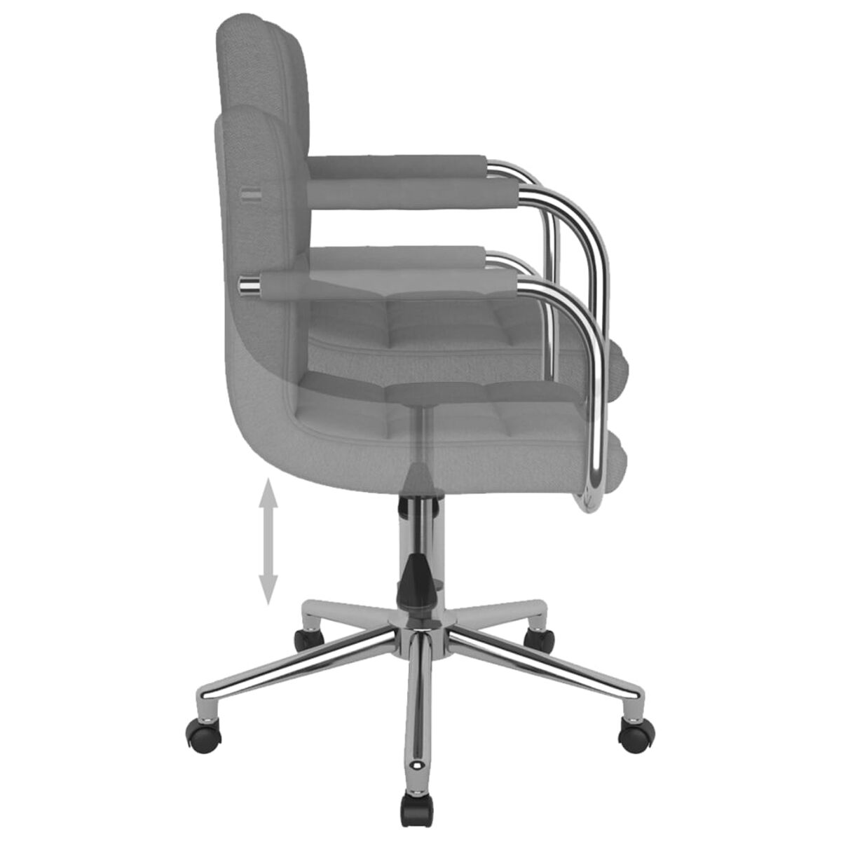 Silla de oficina gris, vista lateral. Altura ajustable, base cromada, ruedas negras.