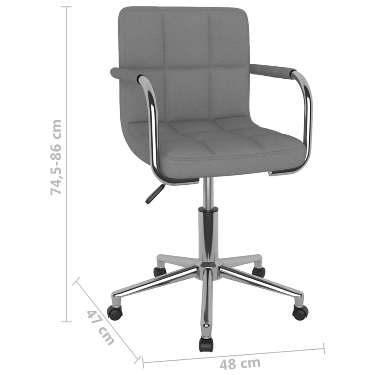 Silla de oficina gris con reposabrazos y base cromada. Dimensiones proporcionadas.