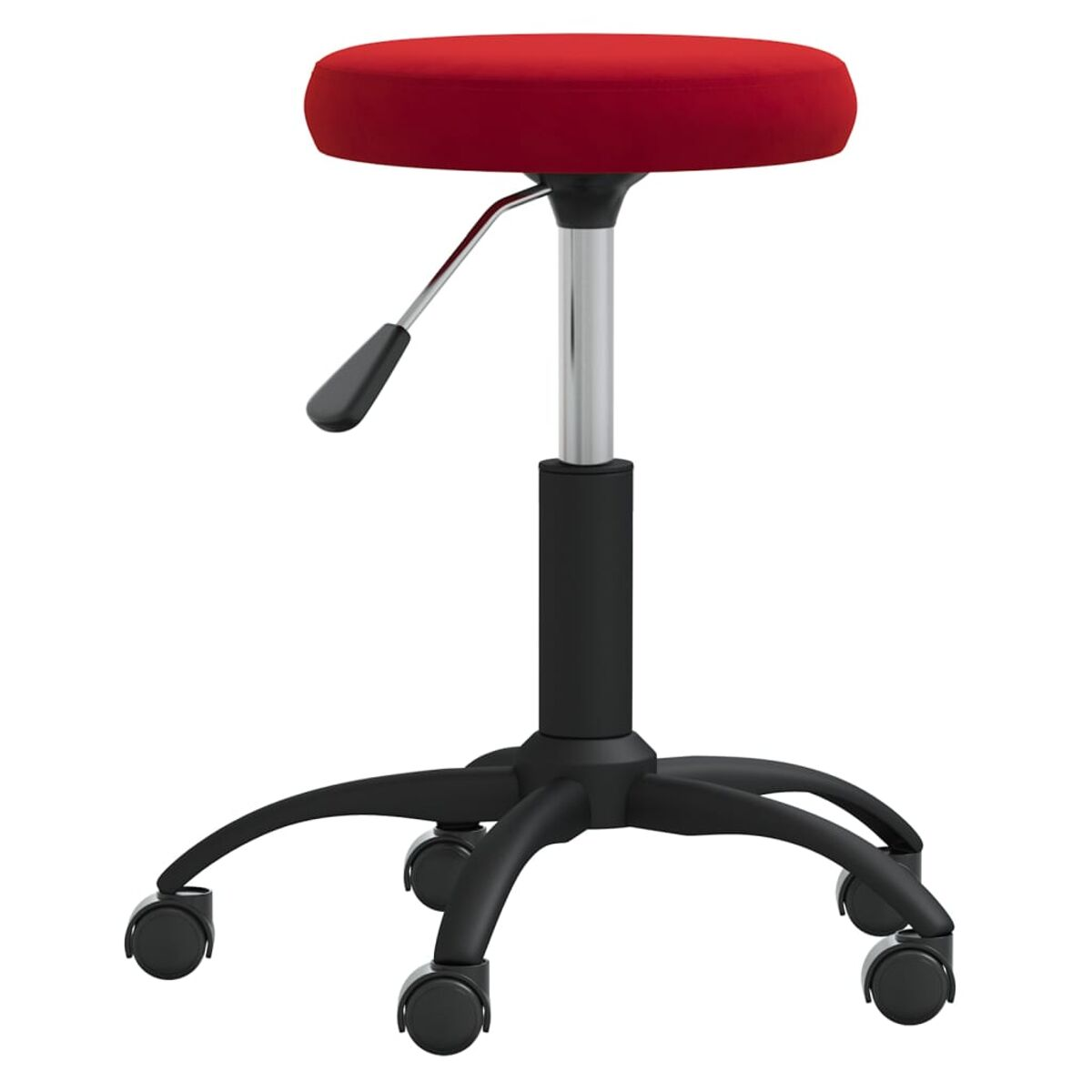 Ein roter runder Bürohocker mit schwarzem Fuß und Rollen, höhenverstellbar, in einem Studio.