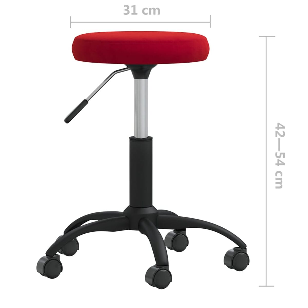 Ein roter Hocker mit Rollen, Höhenmaße angezeigt, vor weißem Hintergrund.